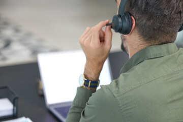 Fototapete - Telemarketing, business and man with headphones, call center or tech support with communication. Male person, consultant or employee with a headset, customer service or help desk with sales or laptop