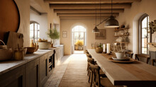 A Kitchen-dining Room Combo With A Long Table And Statement Lighting, In The Style Of Farmhouse Rustic, Warm Neutrals, Italian Countryside Inspiration. Generative AI