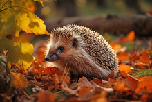 Hedgehog In Forest With Colorful Autumn Leaves