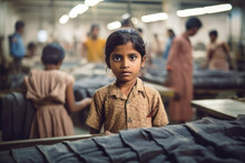 Small Indian Girl Portrait With Blurred Textile Factory Background, Illegal Child Labour In Sweatshop Manufacturing Concept, Documentary Style. Generative AI