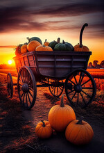 An Old Wooden Wagon With Large Pumpkins For Decoration For A Holiday On A Farmer's Field At Sunset. AI Generated