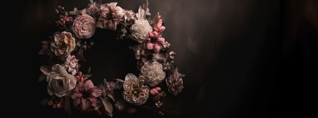 Generative AI, Close up wreath, blooming flowerbeds of amazing pink flowers on dark moody floral textured background.