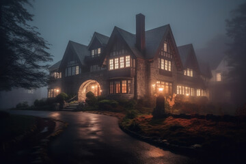 old lit manor mansion at night. lit windows.