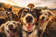 canvas print picture - A group of dogs taking a selfie on a blurred background. Generative AI