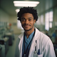 Sticker - Portrait, happy black young man as a doctor.