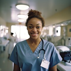 Wall Mural - Young black woman as a doctor in the hospital.