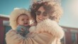 © kilimanjaro  - Mother holding baby in funny fluffy outfit outside in her arms