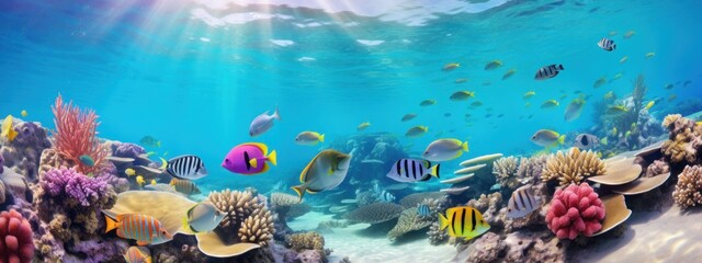 fish swimming in aquarium, ocean, sea. coral reef with fish and coral, background