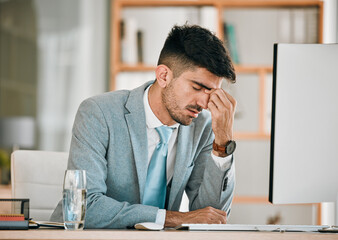 Aufkleber - Business man, headache and office computer with stress from auditor burnout at desk. Anxiety, eye pain and tired corporate worker with tech and tax deadline and fatigue from brain fog at company