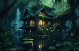 Jungle House Vegetation With Dark Water Swamp