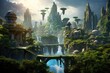 © Ifti Digital - Fantasy landscape with fantasy alien planet and waterfall. 3d rendering, A futuristic metropolis nestled in a lush jungle, showcasing the harmony between nature and technology, AI Generated