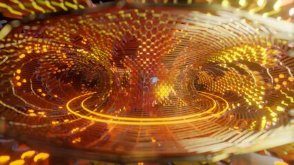 Poster - loop 3d animation of the inside of the torus, rings of many hexagonal elements. a glowing spiral app