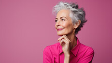 Senior Thoughtful Woman On Pink Background Looking Away.