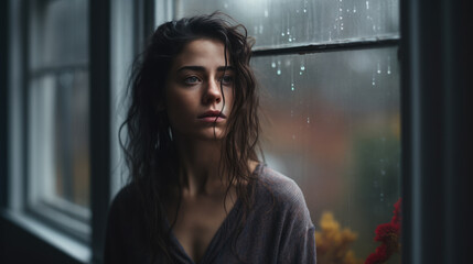 Wall Mural - Depressed young woman near window at home, closeup