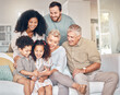 Big family, tablet and children in home, happy and bonding together in living room. Technology, multiracial kids and grandparents with parents in lounge streaming movie, video or film on social media