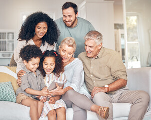 Poster - Big family, tablet and children in home, happy and bonding together in living room. Technology, multiracial kids and grandparents with parents in lounge streaming movie, video or film on social media