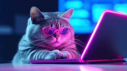Illustration of cat wearing glasses sitting in front of a laptop