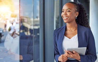 Wall Mural - Business, black woman with smile and tablet at window in office, thinking and ideas for online career. Happiness, digital work and businesswoman with insight for planning feedback for internet job.