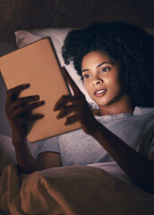 Wall Mural - Woman, tablet and bed with reading in dark room, typing and search for video, chat and social network. African girl, tech and relax in night, home and scroll for thinking, info and choice for movie