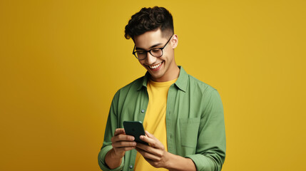 smiling young man using a cell phone on a yellow background.