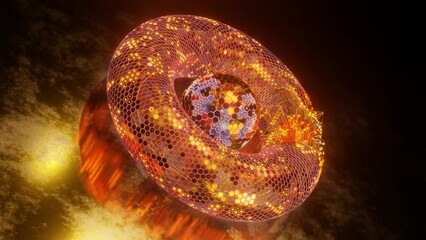 Poster - loop 3d animation of a fantastic torus. a ring of many hexagonal segments. in the center is a sphere