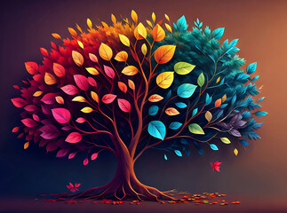 Colorful tree with leaves on hanging branches illustration background. 3d abstraction wallpaper for interior mural wall art decor. Floral tree with multicolor leaves