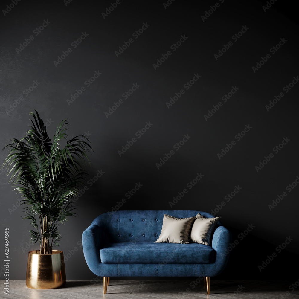 Luxury living room with small blue navy colour couch. Accent empty wall ...