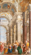 GENOVA, ITALY - MARCH 6, 2023: The fresco of  Presentation of Jesu in Temple in church Basilica della Santissima Annunziata del Vastato by brothers Giovanni e Giovanni Battista Carlone from 17. cent.