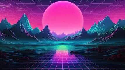 Wall Mural - Generative AI, 80s retro futuristic sci-fi., nostalgic 90s. Night and sunset neon colors, cyberpunk vintage illustration. Sun, mountains and palms. Retrowave VJ videogame landscape..