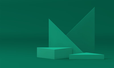 Green 3d podium with triangle wall backdrop minimalist pedestal showcase realistic vector