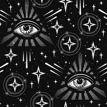 Pattern With All Seeing Eye, Eye Of Providence In Pyramid Concept Of Harmony Of Universe, Wisdom, Knowledge, Extended Mind. Psychedelic Surreal Illustration. Good For Groovy, Hippie, Mystical Style.