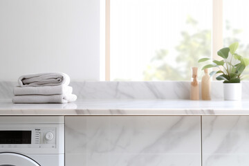 White blurry laundry room with modern washing machine and surface for product shot placement. High quality photo