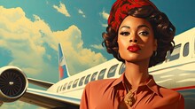 Fashion Woman Retro Pin Up  Style Against Airplane. Vintage Vacation Illustration