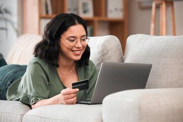 Poster - Credit card, laptop and woman for home online shopping, e learning and fintech payment on sofa. Relax, student loan and person on internet banking, study subscription or website transaction on couch