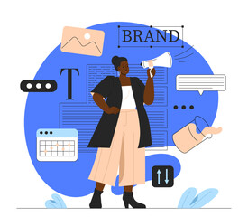 Brand storytelling concept. Woman with loudspeaker on background of articles. Marketing and advertising, promotion of company and organization on Internet. Cartoon flat vector illustration
