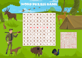 Sticker - Word search puzzle game with hunting sport and animals, vector kids worksheet quiz. Word search game with cartoon hunter with rifle gun for wild elk and deer, duck and boar or hare in forest