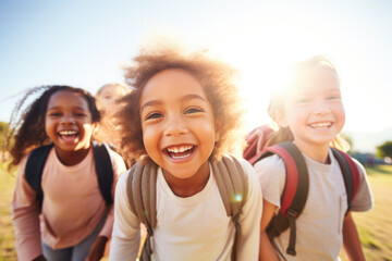 portrait of a group of children going back to school . child wearing a backpack ready for the first 