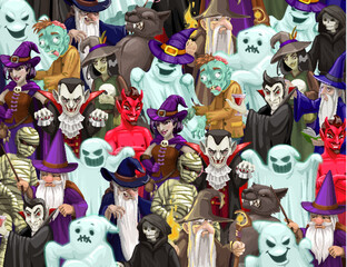 Poster - Halloween characters. Find a unique character game. Kids vector quiz search cartoon personage among ghosts, witches, werewolf or wizard, devil, vampire or mummy. Educational children riddle task