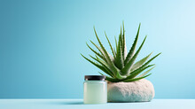 Mockup Cosmetic Fashion Product Design Skin Hair Eye Feet Hand Care With Natural Extract Serum Organic Bio Ingredients. Aloe Vera Plant As Decoration Element On Light Pastel Background Generative AI