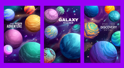 Poster - Cartoon galaxy space planets poster. Vector futuristic backgrounds. Alien Universe with stars, falling comets and shining nebulas. Fantastic cosmic adventure, interstellar research and mission journey
