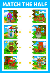 Poster - Match half of fairytale cartoon buildings. Vector preschool game worksheet with funny fantasy elf houses. Apple, strawberry, eggplant and watering can, cabbage, boot, windmill and cup on green lawn