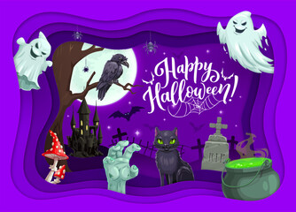 Wall Mural - Halloween paper cut with cemetery, castle, holiday landscape and cartoon ghosts. Vector Halloween horror night monsters in layered papercut frame with potion cauldron, moon, bats and zombie hand