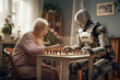 © Jasmina - Robot caregiver takes care and playing chess with elderly retired old woman at home
