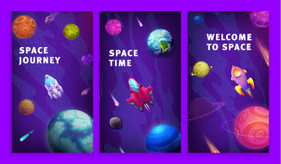 Aufkleber - Cartoon space posters, journey to galaxy with planets, stars and spaceship. Cosmos and Universe explore and investigation vector banners with shuttles flying in sky with colorful solar system objects