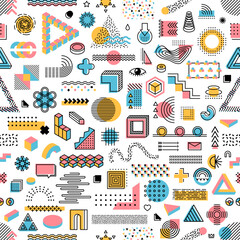 Poster - Memphis geometric shapes seamless pattern. Vector tile background inspired by the memphis design movement of the 1980s. Eye-catching ornament for textiles, wrapping paper, wallpaper and home decor