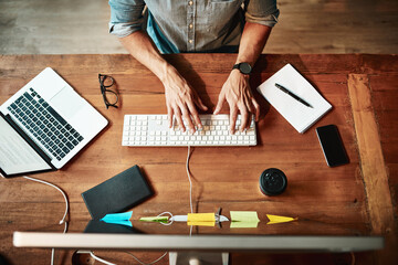 Aufkleber - Top view, computer and business man typing for planning, strategy and online data analysis at office desk. Hands of worker, desktop and keyboard for tech, research and productivity in startup agency