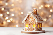 Beautiful And Cozy Christmas Background. Close Up Of Gingerbread Houses On Table Over Lights Blurred Backdrop.