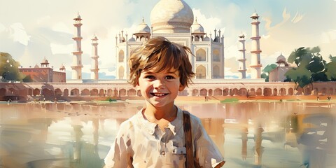 watercolor illustration of building like taj mahal with boy portrait . Close up boy's watercolor portrait