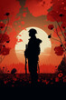 Remembrance Day bakground with World War One soldier and red poppy flowers. Generative AI