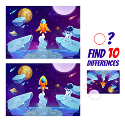 Aufkleber - Find ten differences on space landscape with astronauts and galaxy planets. Vector kid board game worksheet with funny cosmonaut and spaceship. Educational puzzle brainteaser for children recreation